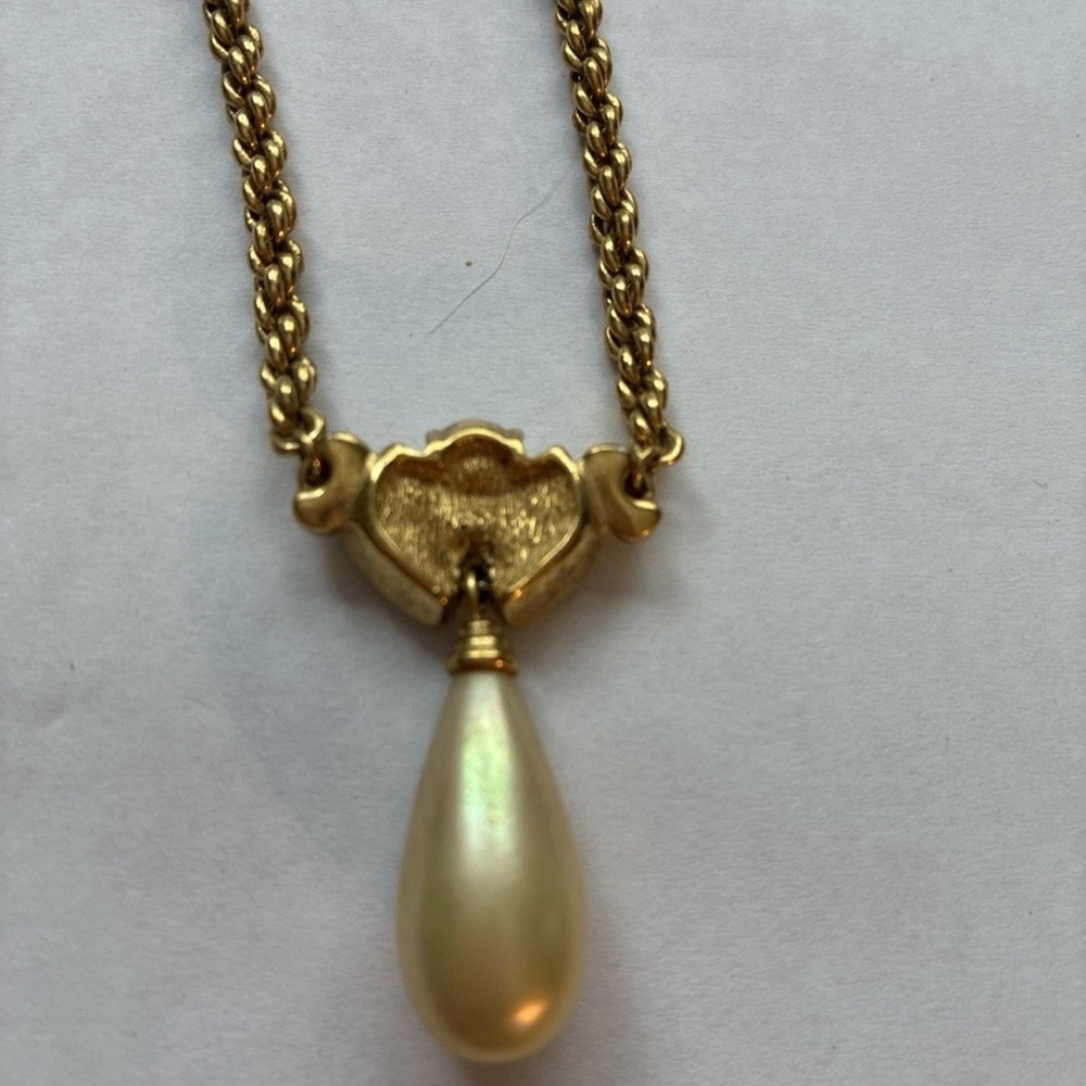 Vintage Christian Dior Marquise Rhinestone Pearl Drop Dangle Gold Chain Necklace - Picture 6 of 12